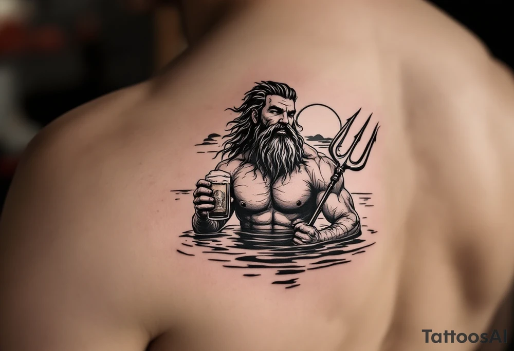 young, happy, fit poseidon in calm water, holding a trident, drinking a beer, with sunset tattoo idea