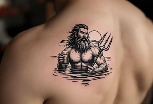 young, happy, fit poseidon in calm water, holding a trident, drinking a beer, with sunset tattoo idea