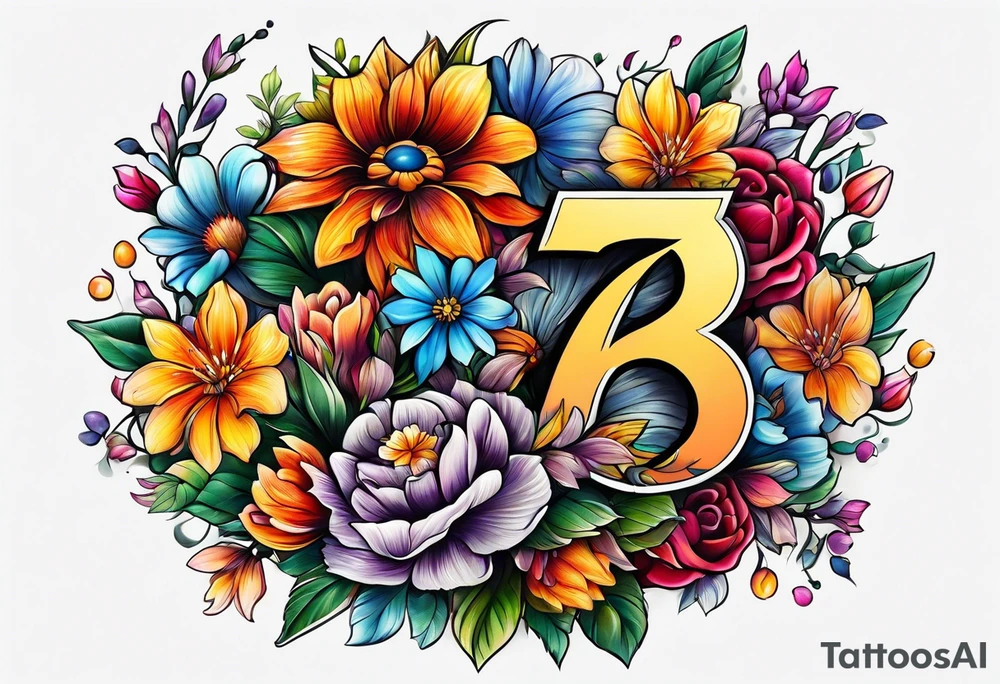 The number seven surrounded by colorful flowers tattoo idea