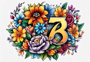 The number seven surrounded by colorful flowers tattoo idea