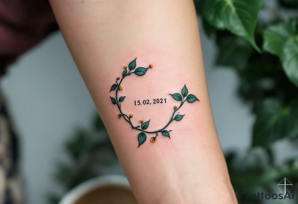 Luky name 15. 02. 2021 – Deep emerald green vine twisting around Lucas's birthdate, with small yellow blooms dotting the numbers. tattoo idea