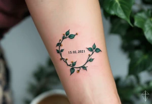 Luky name 15. 02. 2021 – Deep emerald green vine twisting around Lucas's birthdate, with small yellow blooms dotting the numbers. tattoo idea