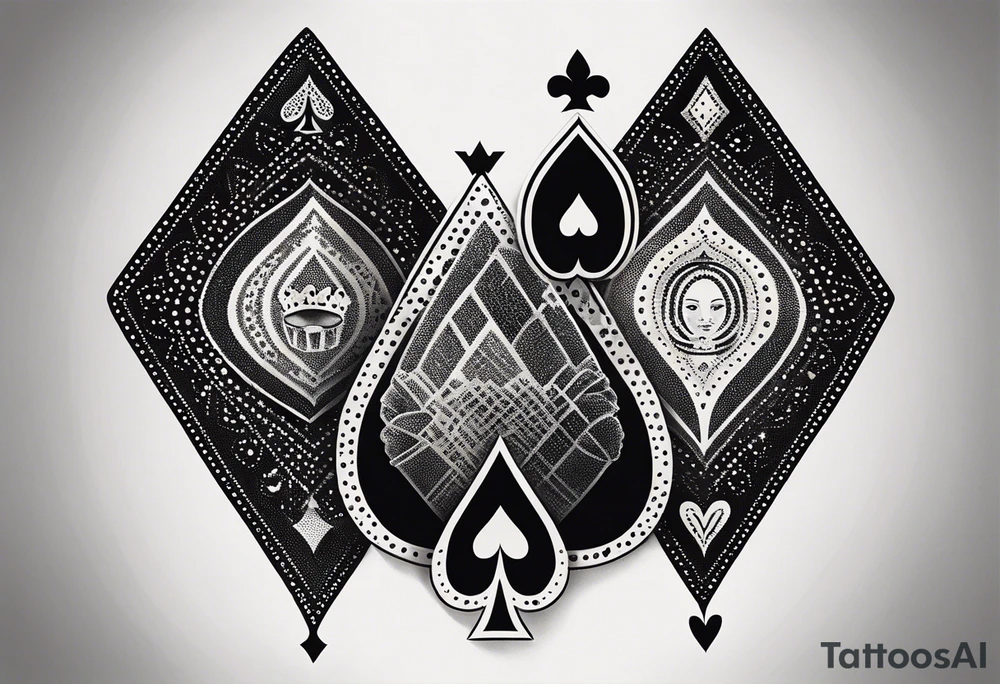 one combined tatto in minimalistic style with icon style three king of spades and icon style one queen of hearts. extreme minimalstic and few lines. much more minimalistic and fewer lines tattoo idea