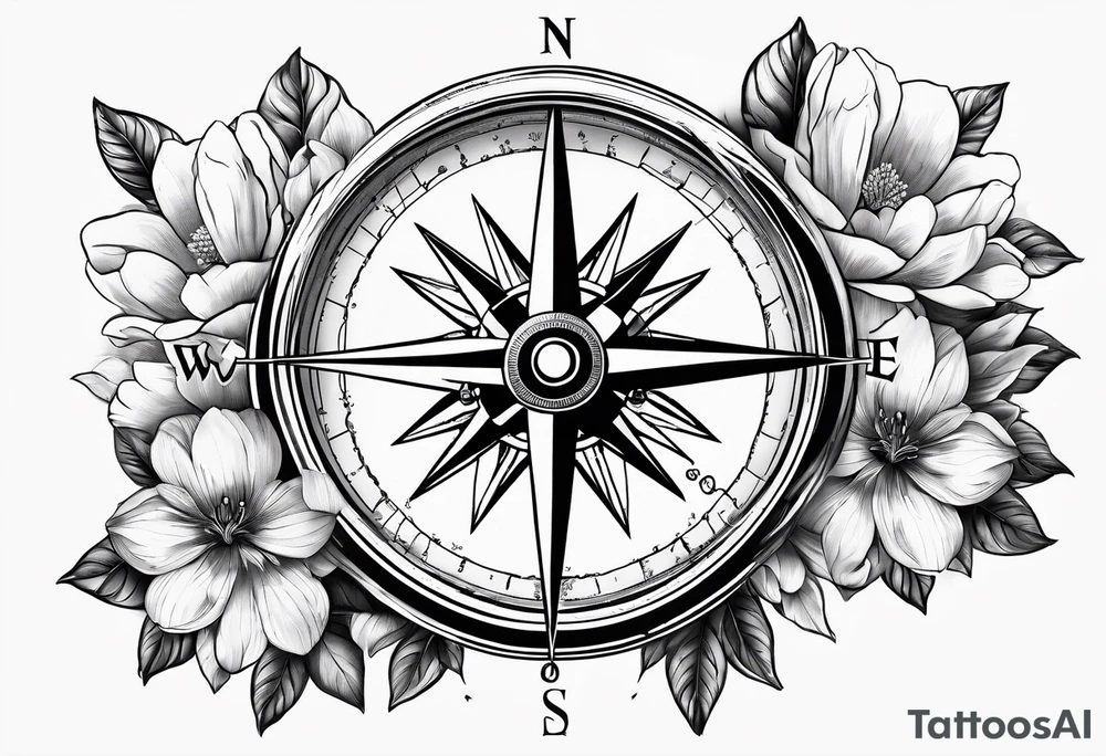 nautical compass with magnolia flowers tattoo idea