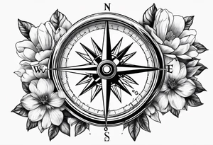 nautical compass with magnolia flowers tattoo idea