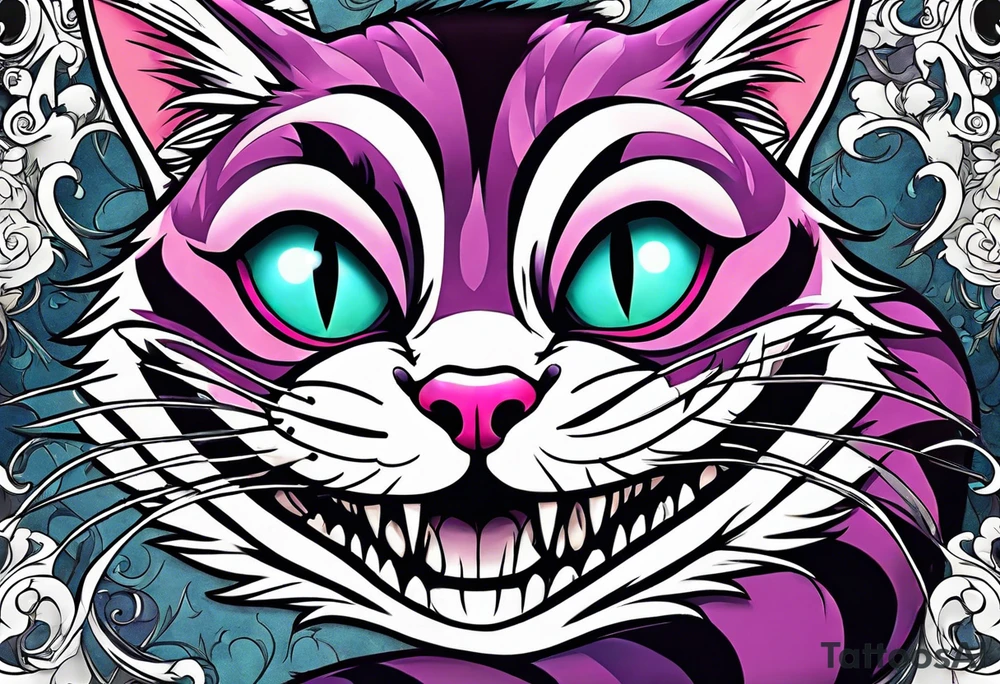 the whole body of the cheshire cat with head turned upside down tattoo idea