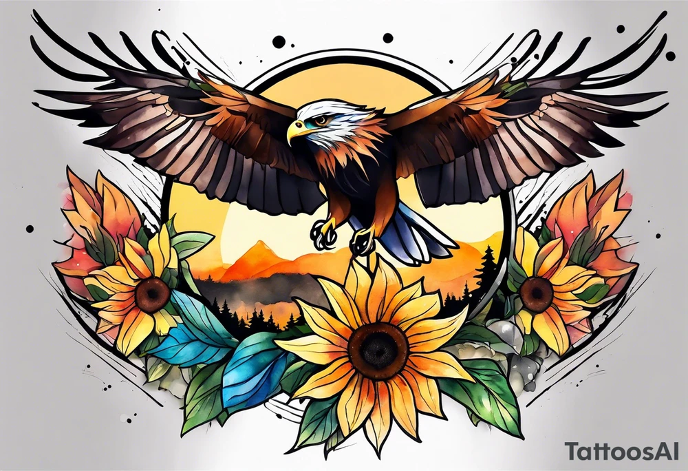 Small Watercolor inside arm tattoo, 4 inches. Black kite (Daya's name), nature (trees/flowers), rock/metal vibe (bold lines), sunflower. Bright colors! tattoo idea