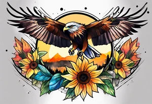 Small Watercolor inside arm tattoo, 4 inches. Black kite (Daya's name), nature (trees/flowers), rock/metal vibe (bold lines), sunflower. Bright colors! tattoo idea