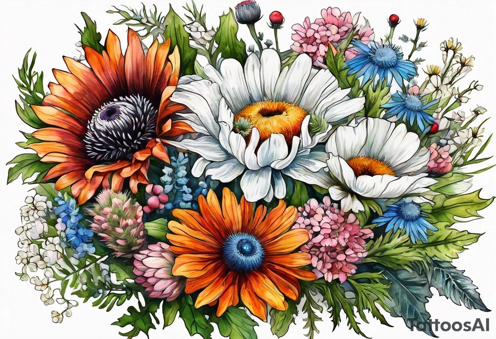 wildflower bouquet with thistles, ferns, white anemones, sun flowers, orange flowers, pink flowers, red flowers, babys breath and daisies all in watercolor tattoo idea