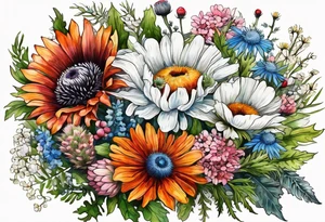 wildflower bouquet with thistles, ferns, white anemones, sun flowers, orange flowers, pink flowers, red flowers, babys breath and daisies all in watercolor tattoo idea