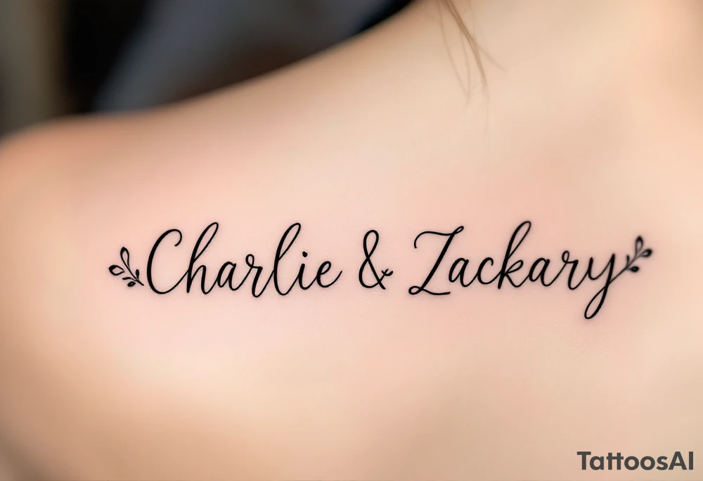 Create a small, elegant tattoo design that incorporates the names "Charlie" and "Zackary." Use delicate, cursive script for the names and interweave subtle elements such as a small heart, minimal floral accents, or an infinity symbol to symbolize enduring love and family. The overall design should be minimalist and refined, perfect for a discreet placement like the wrist or inner forearm. tattoo idea