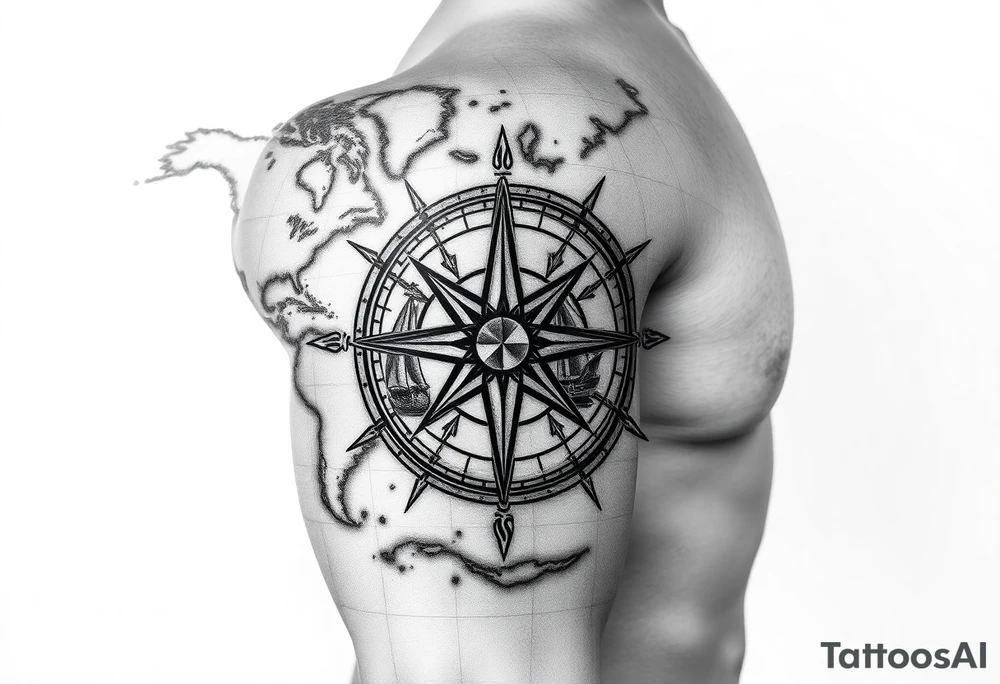 antique compass rose overlaid on weathered world map with sailing ships tattoo idea