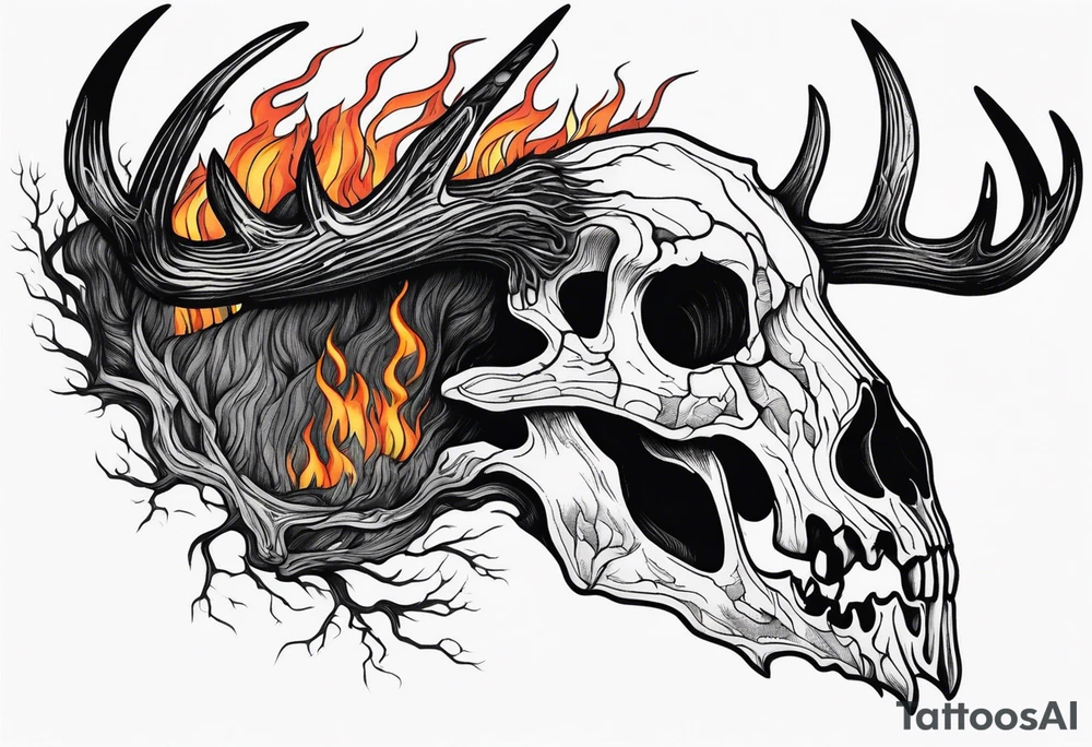 Scary side profile of a DECAYING deer skull JUST BONE surrounded by a flames and trees in background tattoo idea