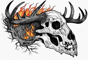 Scary side profile of a DECAYING deer skull JUST BONE surrounded by a flames and trees in background tattoo idea