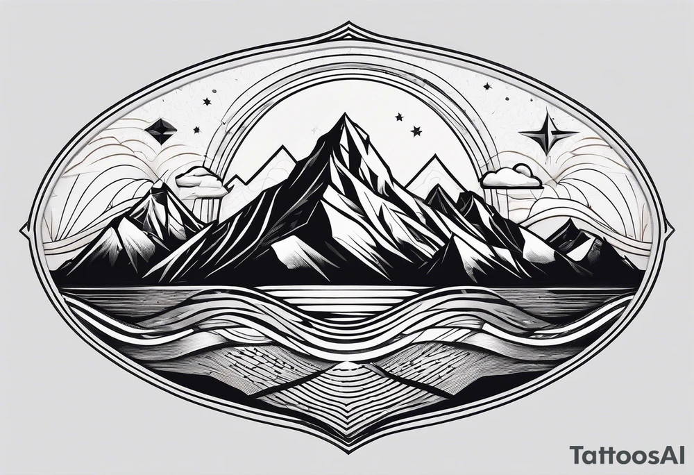 Mountain Massif, one Peak, only peak surrounded woth semi circle dashed Line, in semi circle two littel fine Stars, waves overlapping in Side, Open geometrical Forms Like Diamond with Open lines tattoo idea