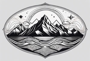 Mountain Massif, one Peak, only peak surrounded woth semi circle dashed Line, in semi circle two littel fine Stars, waves overlapping in Side, Open geometrical Forms Like Diamond with Open lines tattoo idea
