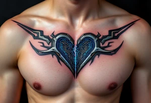 A metallic heart split down the middle, rusting at the edges with neon blue circuitry exposed inside, symbolizing a lost but once-powerful connection. tattoo idea