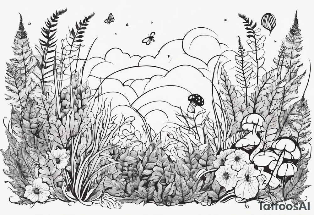 minimalistic forest floor inspired tattoo, which includes grass, curly ferns and dead leaves as the bulk of the tattoo. details to include: three  tiny strawberries, couple of very small mushrooms, a tiny bumblebee flying nearby tattoo idea