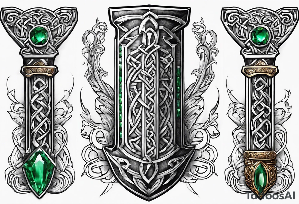 A Celtic dagger with an oak hilt turned upright and emerald gemstones on it tattoo idea