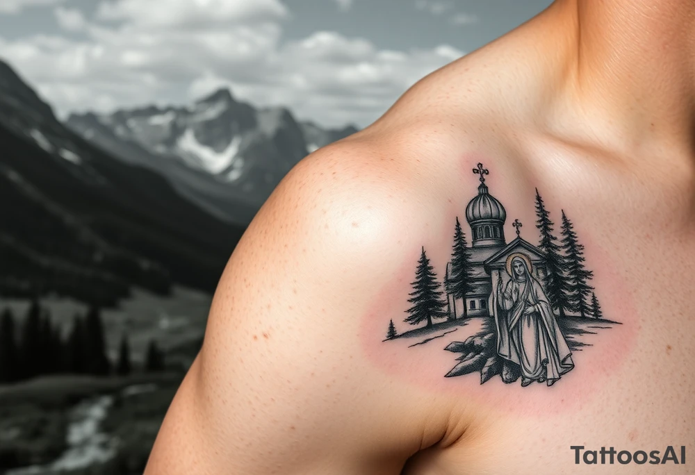 Mountainous valley with creek and a few trees with a Russian orthodox kazan scene covering my shoulder entering my upper arm with a Russian orthodox Virgin Mary tattoo idea