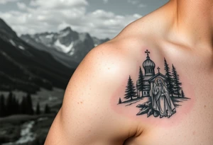 Mountainous valley with creek and a few trees with a Russian orthodox kazan scene covering my shoulder entering my upper arm with a Russian orthodox Virgin Mary tattoo idea