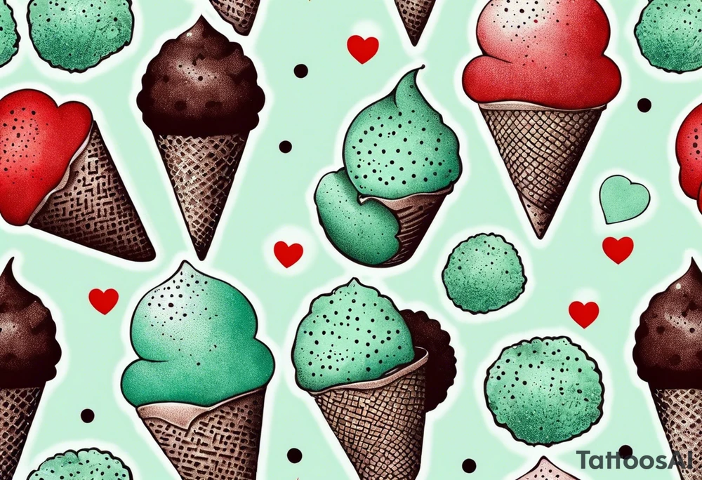 mint chocolate chip ice cream cone with small red heart on it somewhere. tattoo idea