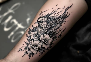 Feminine bird with flames and flowers tattoo idea