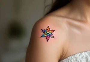 A rainbow-colored eight-pointed star tattoo celebrates inclusivity and universal love. tattoo idea