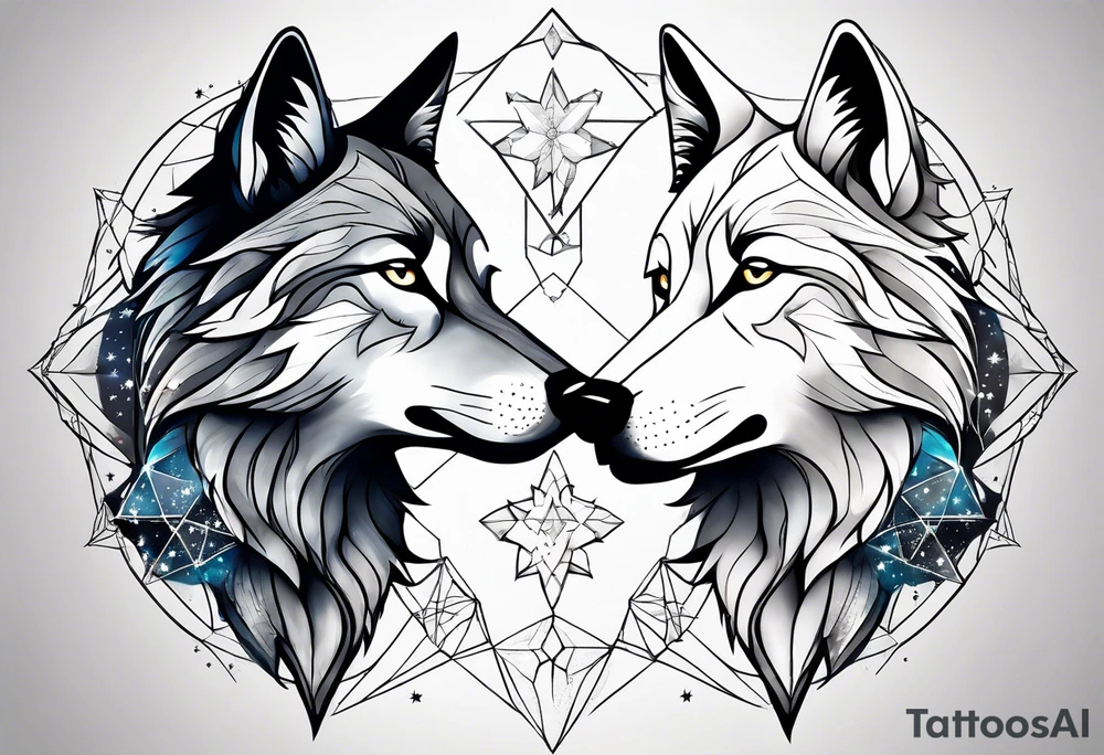 Constellation, two animal wolf, géométric, snowflake tattoo idea