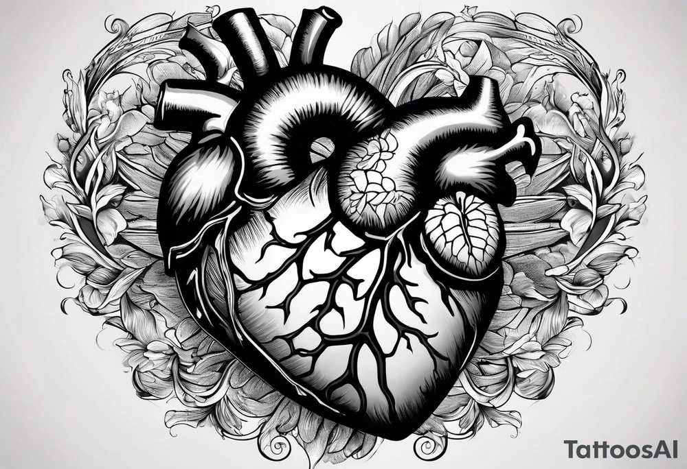 A detailed tattoo design featuring a realistic anatomical heart with a prominent scar running diagonally behind it, symbolizing resilience and healing. Inside the heart, there is an infinity symbol, representing eternal love and strength. To the left of the heart, a radiant sun shines with stylized rays, symbolizing positivity and vitality. To the right of the heart, a crescent moon balances the composition, representing calmness and introspection.

The overall design should be elegant and symbolic, with clean, modern lines, black and gray shading, and subtle textures for depth. The sun and moon should harmonize with the heart while maintaining a balanced and cohesive aesthetic. tattoo idea