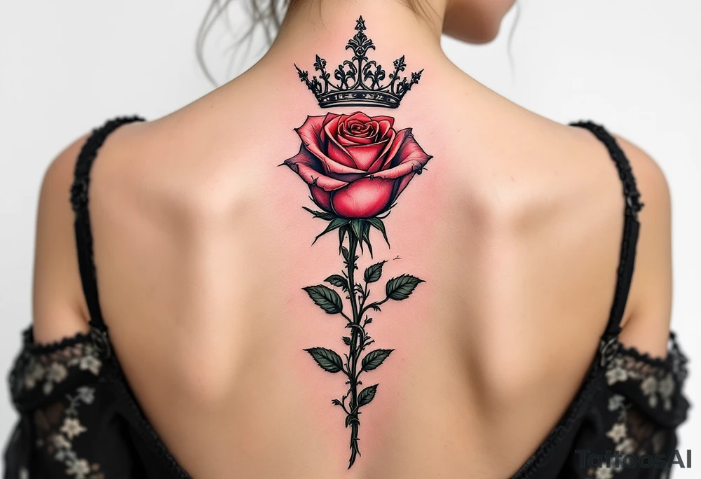 Single rose with 1982 as the stem if the rose with queen if heaetz and crown around or on top of rose with vines and thorns on sholder tattoo idea