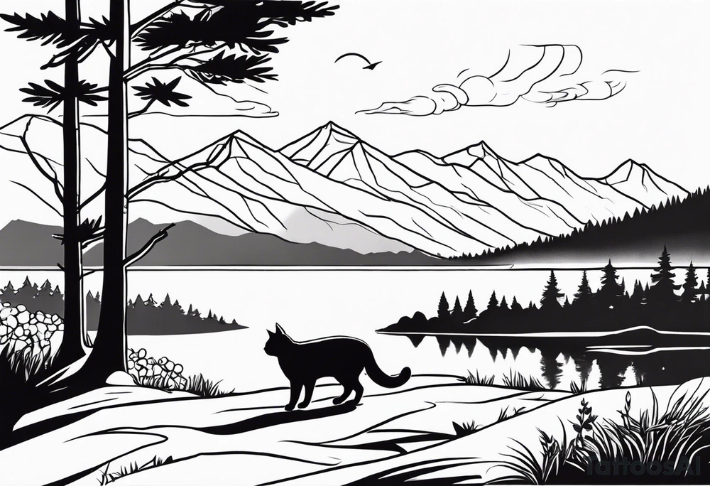 Man waking up trail with cat on side of him, Black Forest and mountains behind with lake tattoo idea