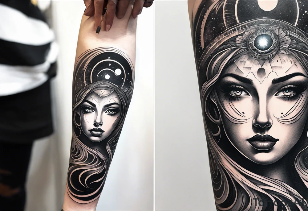 A surrealistic forarm sleeve tattoo featuring beautiful goddess’s face with glowing eyes creating the universe. Above her in the background is a black hole with a man being lifted into it tattoo idea