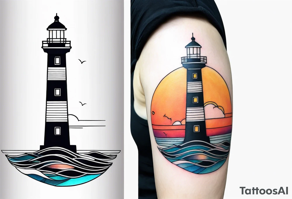 lighthouse very fine line and very delicate tattoo, geometric colored, bit not soo colored. also rough sea close to the lighthouse with a sunset tattoo idea