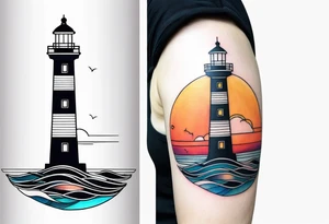 lighthouse very fine line and very delicate tattoo, geometric colored, bit not soo colored. also rough sea close to the lighthouse with a sunset tattoo idea