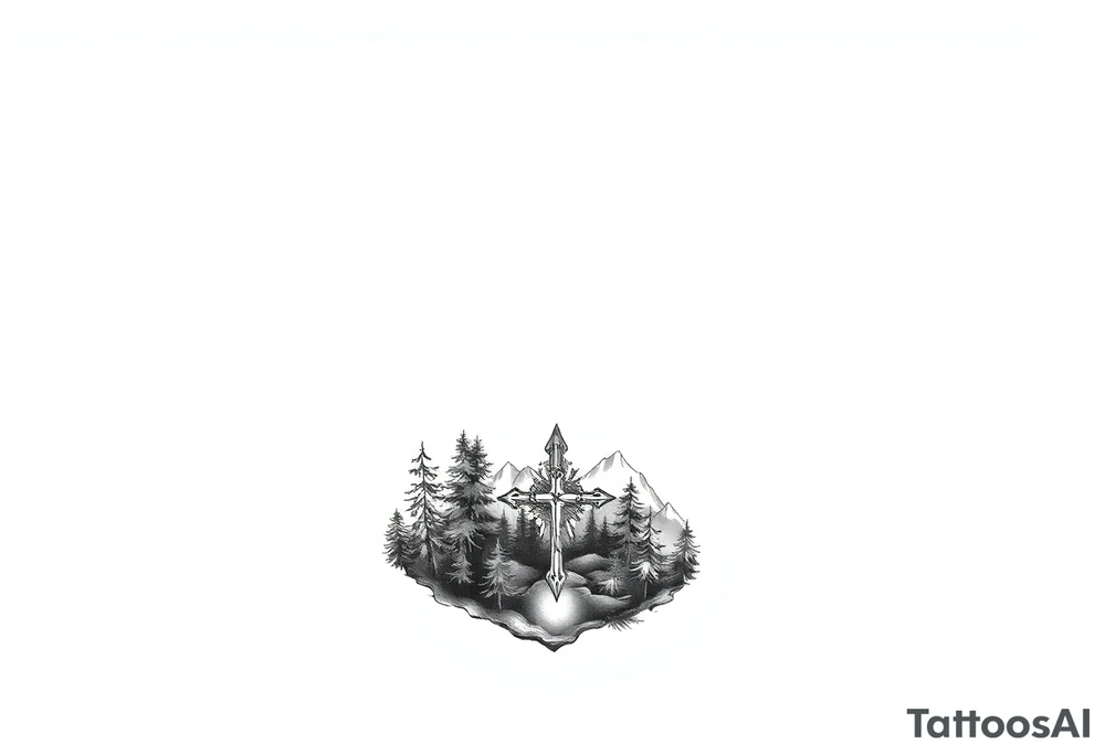 russian christian orthodox cross which is relatively small, with the diagonal line at the bottom with a light forrest with a light mountainous setting tattoo idea