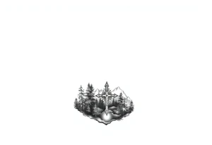 russian christian orthodox cross which is relatively small, with the diagonal line at the bottom with a light forrest with a light mountainous setting tattoo idea