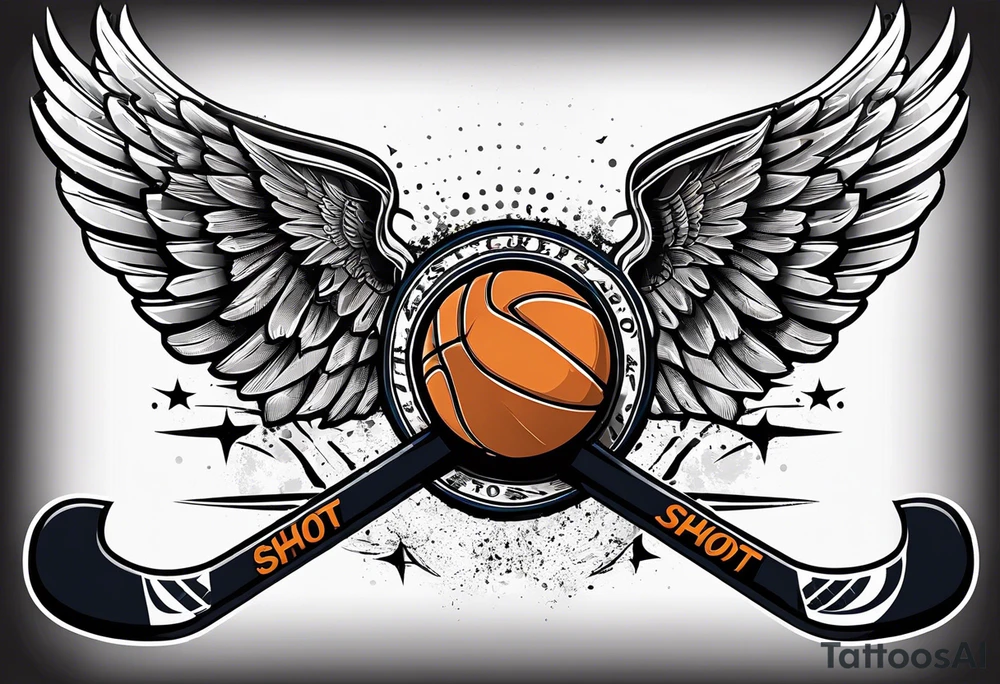 crossed hockey sticks with sports equipment and wings that says "SHOT SPORTS" tattoo idea
