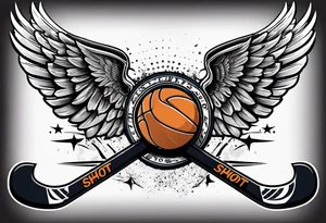 crossed hockey sticks with sports equipment and wings that says "SHOT SPORTS" tattoo idea