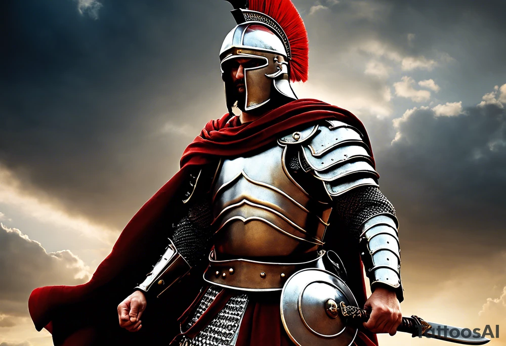 a high ranking roman soldier from AD 60, wearing armor which must include an armoured belt, breastplate, armoured shoes, shield, helmet and sword.
the soldier must look strong. the soldier is faceless. The image must include the full person, not just the top half. The soldier is mid-battle, fending off flaming arrows with his shield tattoo idea