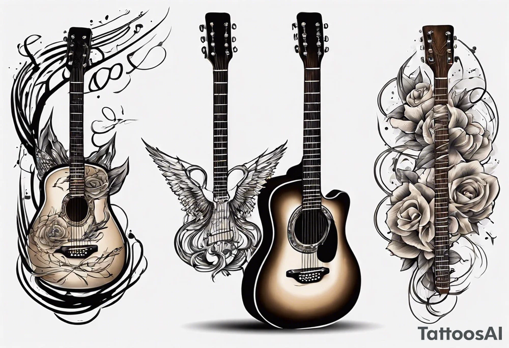 Acoustic Guitar neck with strings made of signatures emerging from skin tattoo idea