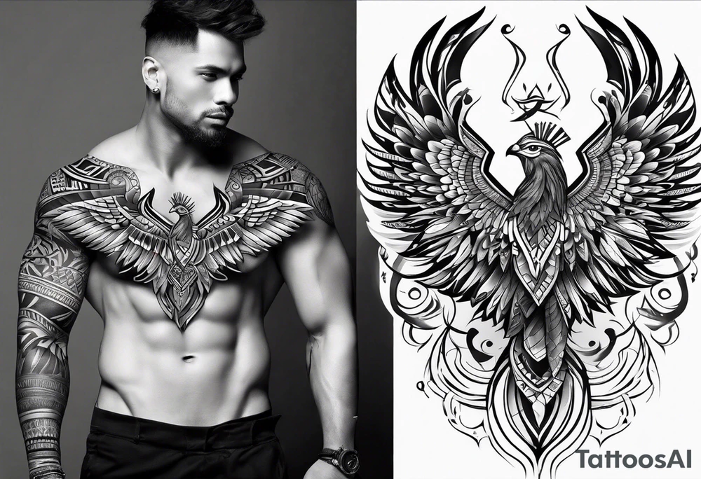 African tribal tattoo from left pec to left deltoid with wing on collarbone tattoo idea