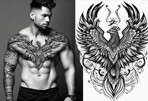 African tribal tattoo from left pec to left deltoid with wing on collarbone tattoo idea