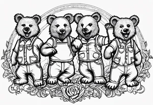 the Grateful Dead dancing bears, outline, no shading, in straight line tattoo idea