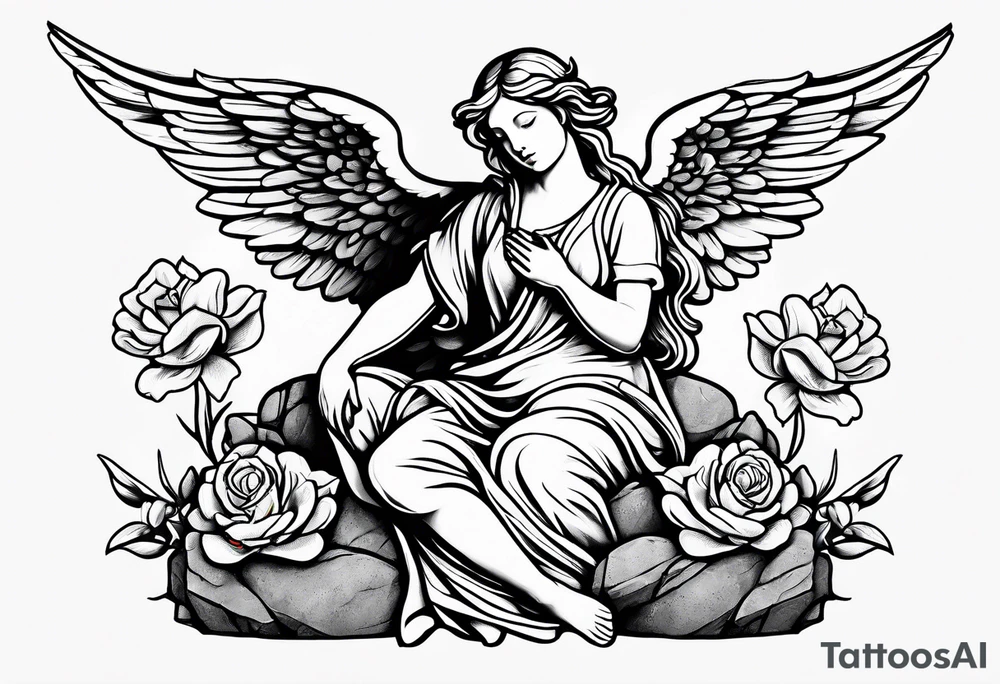 Simple Angel statue stood on a rock with daffodils and roses wrapped around its legs tattoo idea