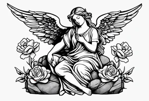 Simple Angel statue stood on a rock with daffodils and roses wrapped around its legs tattoo idea