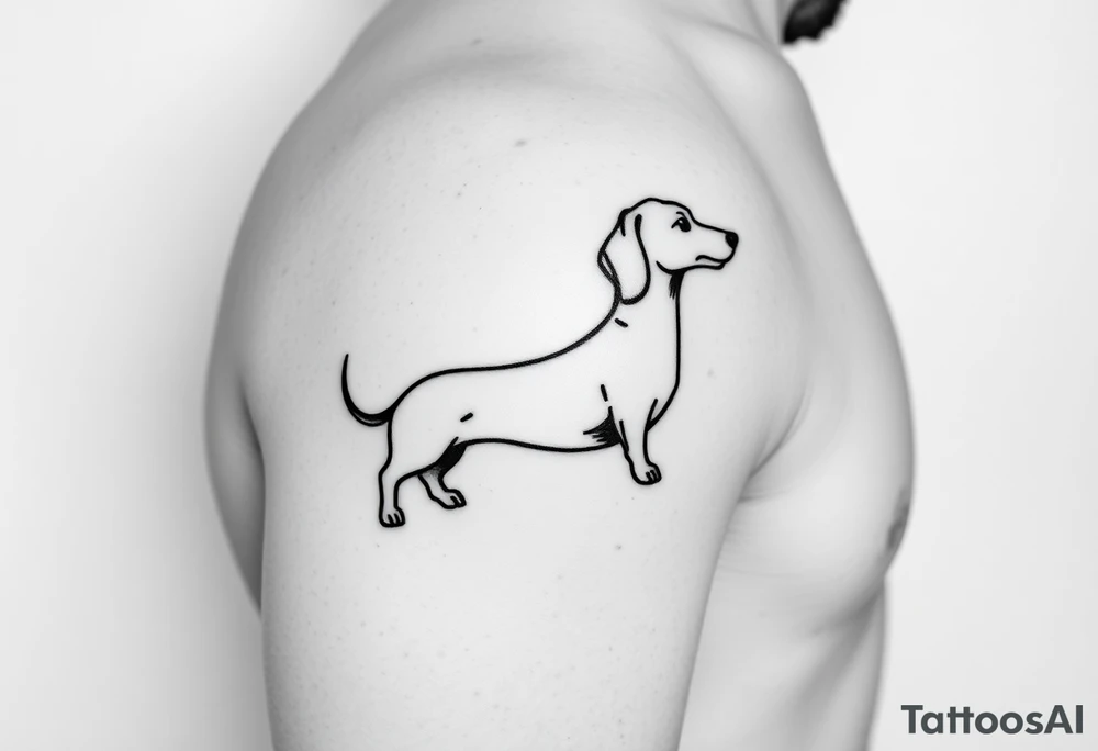 A minimalist black and white tattoo design featuring a dachshund (sausage dog). The dog’s long body forms a continuous, single bold line that wraps around the arm in a spiral, starting with the tail and ending with the head and face. The design should look elegant, clean, and playful, emphasizing the dachshund’s elongated shape and flowing movement around the arm. tattoo idea
