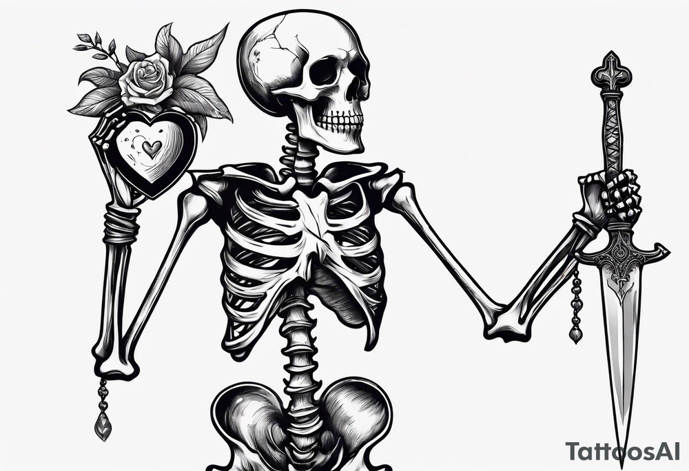 depressed skeleton holding his heart in his hand with a dagger through it tattoo idea