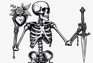 depressed skeleton holding his heart in his hand with a dagger through it tattoo idea