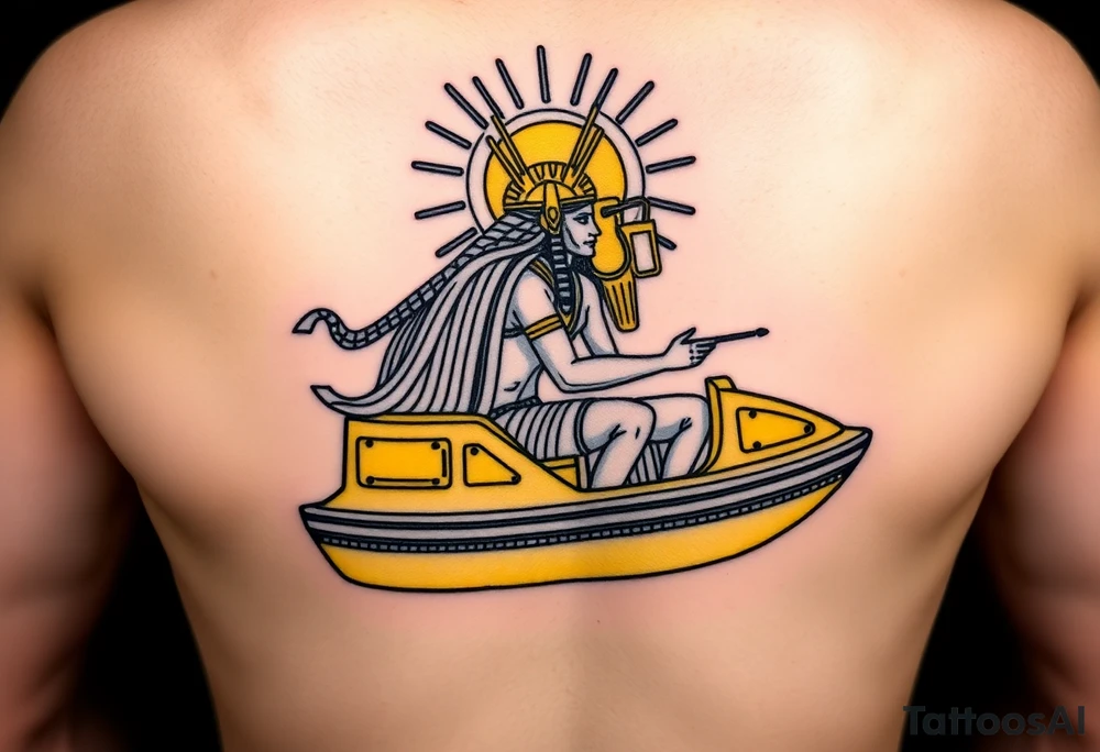 "Anubis driving a yellow Uber-styled solar barge.  
Passengers:  
- Голый Пикассо (из «Ампир V»)  
- Алиса (с табличкой 'Аид – 5★')  
Meter reads: *'SOUL: 4.8 rating (would not reincarnate)'*.  

Style: Urban hieroglyph. Black/yellow. Calf." tattoo idea